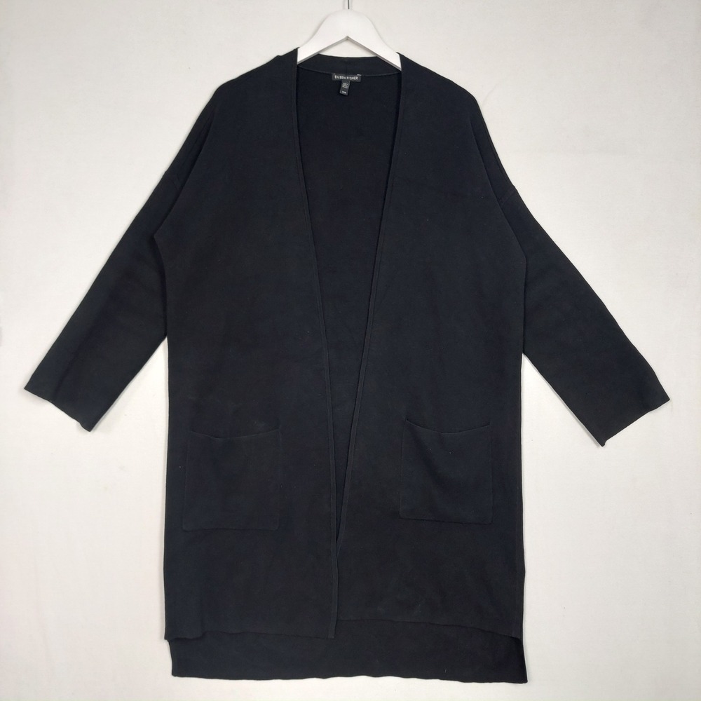 Eileen Fisher Black Open Front Longline Cardigan Sweater Pockets Medium